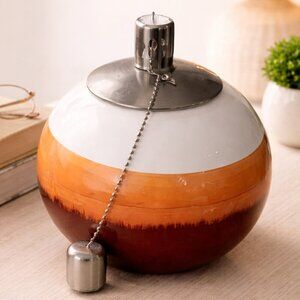 Vintage Glass Fragrance Oil Lamp Mid Century Modern Amber White Glass Metal Wick